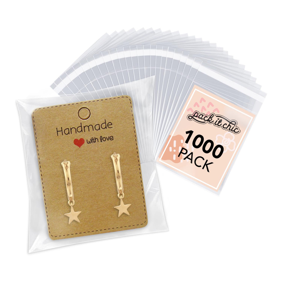 Pack It Chic - 3" X 4" (Paquet de 1000) Sachets refermables transparents en cellophane/polypropylène pour bijoux, biscuits, cadeaux de fête - Auto-adhésifs